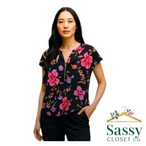 EXPRESS Cap Sleeve Blouse – Pink Floral Graphic, Sz XS, EUC